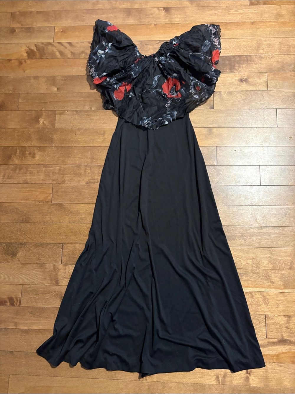 Black Maxi Dress with off the shoulder Floral Ruffle Neckline